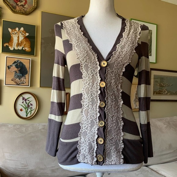 Anthropologie Pleione brown Striped Lace-trim V-neck Cardigan small - Picture 1 of 9